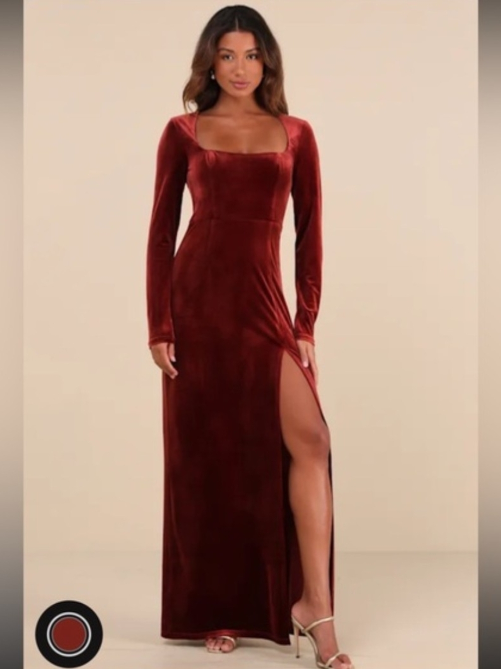 Lulu's Wine Red Velvet Square-Neck Maxi Dress with Thigh Slit